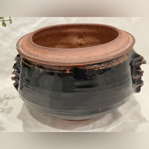 Artisan Signed Rustic Black and Brown Ceramic Pot. Abstract Details. - Picture 1 of 9